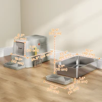 PawHut 80L XL Stainless Steel Cat Litter Box for Big Cats with Flip Cover, Pull-Out Drawer Tray, High Sided, Pedal, Light Grey(m-3)