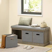 HOMCOM Shoe Storage Bench with Seat, Entryway Bench Seat with Cushion, 3 Fabric Drawers for Hallway, Washed Grey(m-1)