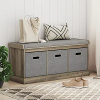 HOMCOM Shoe Storage Bench with Seat, Entryway Bench Seat with Cushion, 3 Fabric Drawers for Hallway, Washed Grey(m-10)