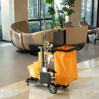 HOMCOM Commercial Janitorial Cart with 3 Tier Shelves, Cleaning Cart with Rubbish Bag and Mop Mount for Hotel Restaurant, Black(m-8)