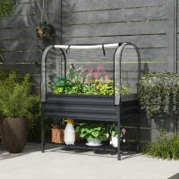 Outsunny Raised Garden Bed with Cover, Metal Elevated Planter Box with Bottom Shelf and Liner, Dark Grey(m-8)