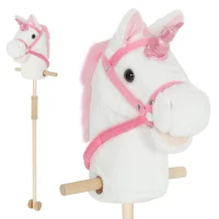 Qaba Unicorn Stick Horse, Plush Hobby Horse with Wood Wheels, Real Pony Neighing and Galloping Sounds, for Kids, White(m-11)