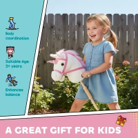Qaba Unicorn Stick Horse, Plush Hobby Horse with Wood Wheels, Real Pony Neighing and Galloping Sounds, for Kids, White(m-7)