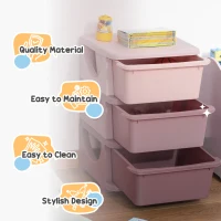 Qaba 3 Tier Kids Storage Unit, 3 Drawer Chest Toy Organizer Plastic Bins for Kids Bedroom Nursery Kindergarten Living Room for Boys Girls Toddlers, Pink(m-7)
