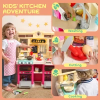 Qaba Play Kitchen Set, Kids Kitchen Playset with Real Lights and Sounds, Sink, Stove, Clock, Accessories, Pink(m-6)