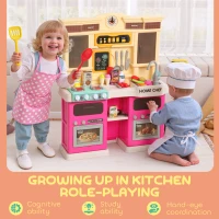 Qaba Play Kitchen Set, Kids Kitchen Playset with Real Lights and Sounds, Sink, Stove, Clock, Accessories, Pink(m-10)