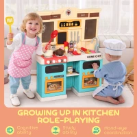 Qaba Play Kitchen Set, Kids Kitchen Playset with Real Lights and Sounds, Sink, Stove, Clock, Accessories, Green(m-10)