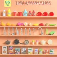 Qaba Play Kitchen Set, Kids Kitchen Playset with Real Lights and Sounds, Sink, Stove, Clock, Accessories, Pink(m-7)