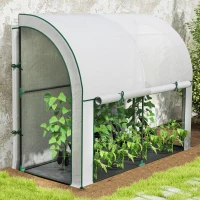 Outsunny Walk-in Lean-to Greenhouse, Outdoor Gardening Green House with Zipper Roll-up Doors and Window, 7' x 3' x 5', White(m-9)