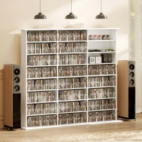 HOMCOM Media Storage Cabinet, 8-Tier DVD Shelf with 18 Adjustable Shelves, Holds 1032 CDs, 594 DVDs or Blu-rays, White(m-7)