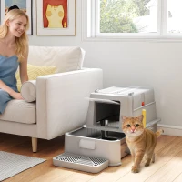 PawHut 80L XL Stainless Steel Cat Litter Box for Big Cats with Flip Cover, Pull-Out Drawer Tray, High Sided, Pedal, Light Grey(m-8)
