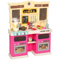 Qaba Play Kitchen Set, Kids Kitchen Playset with Real Lights and Sounds, Sink, Stove, Clock, Accessories, Pink(m-2)
