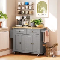 HOMCOM Kitchen Island Cart with Rubber Wood Top, Rolling Kitchen Island Table on Wheels with Drawers, Adjustable Shelves, Spice Rack and Towel Rack for Dining Room, Gray(m-8)