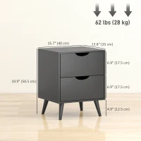 HOMCOM Modern Bedside Table Set of 2, Nightstand with 2 Drawers and Pine Wood Legs for Bedroom, Living Room, Black(m-3)