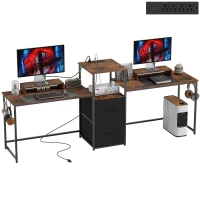 HOMCOM 96 Inch Gaming Desk, Dual Computer Desk for 2 Person with Power Outlets and Monitor Stands, Rustic Brown(m-11)