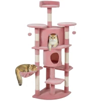PawHut 62" Cat Tree with Scratching Post, 2 Condos, Hammock, Perches, Plush, Pompoms, for Indoor Cats, Pink(m-11)