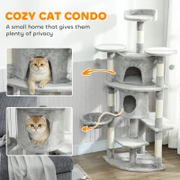 PawHut 62" Cat Tree with Scratching Post, 2 Condos, Hammock, Perches, Plush, Pompoms, for Indoor Cats, Light Grey(m-5)