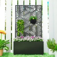Outsunny Metal Planter Box with Trellis, Raised Garden Bed with Monstera Leaf Cut-Out Privacy Screen and Wheels(m-9)