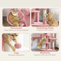 PawHut 62" Cat Tree with Scratching Post, 2 Condos, Hammock, Perches, Plush, Pompoms, for Indoor Cats, Pink(m-7)