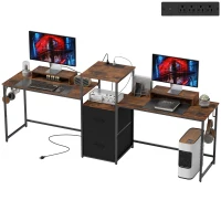 HOMCOM 96 Inch Gaming Desk, Dual Computer Desk for 2 Person with Power Outlets and Monitor Stands, Rustic Brown(m-2)