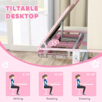 Qaba Kids Desk and Chair Set with Tilt Desktop, Adjustable Height, Drawer and Shelves for Boys Girls Ages 3-12, Pink(m-4)