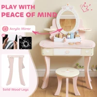 Qaba Kids Vanity Set, Girls Dressing Table with Mirror and Stool, 7 Accessories, Drawers, Desktop Storage, Pink(m-7)