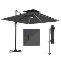 Outsunny 8' Cantilever Patio Umbrella with LED Lights, 360°Rotation, Tilt & Height Adjustment, Crank, Cross Base, Dark Grey(m-2)