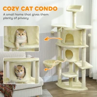PawHut 62" Cat Tree with Scratching Post, 2 Condos, Hammock, Perches, Plush, Pompoms, for Indoor Cats, Beige(m-5)