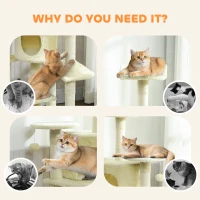 PawHut 62" Cat Tree with Scratching Post, 2 Condos, Hammock, Perches, Plush, Pompoms, for Indoor Cats, Beige(m-10)