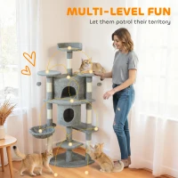 PawHut 62" Cat Tree with Scratching Post, 2 Condos, Hammock, Perches, Plush, Pompoms, for Indoor Cats, Light Grey(m-4)