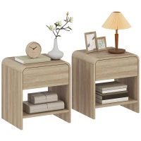 HOMCOM Nightstand Set of 2, Modern Bedside Table with Rounded Corners, Nightstand with Drawer and Open Shelf, Natural Wood(m-11)