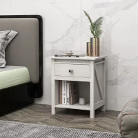 HOMCOM Bedside Table, Farmhouse Nightstand with with Drawer and Storage Shelf, Night Table for Bedroom, White(m-1)