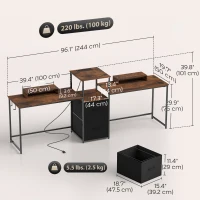 HOMCOM 96 Inch Gaming Desk, Dual Computer Desk for 2 Person with Power Outlets and Monitor Stands, Rustic Brown(m-3)