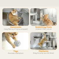 PawHut 62" Cat Tree with Scratching Post, 2 Condos, Hammock, Perches, Plush, Pompoms, for Indoor Cats, Light Grey(m-7)