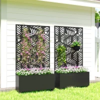 Outsunny Metal Planter Box with Trellis, Raised Garden Bed with Monstera Leaf Cut-Out Privacy Screen and Wheels(m-10)