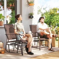 Outsunny Patio Double Glider Chair with Glass Top Center Table, Outdoor Glider Chair with High Back,  Sling Fabric for Garden, Bench, Brown(m-8)