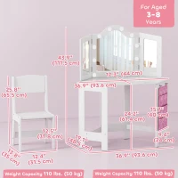 Qaba Kids Vanity Table and Chair Set with Lights, Makeup Dressing Table with Tri-Fold Mirror for Ages 3-8 Years, White(m-3)