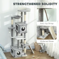 PawHut 65 Inch Cat Tree with 2 Doors Condos, Plush Top Perch, Hammock, Sisal Scratching Posts, 4 Pompoms, Ramp, Grey(m-7)