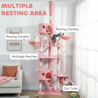 PawHut 94"-102" Floor to Ceiling Cat Tree High Cat Condo Scratching Post Activity Center Multi-Level Play House Pink(m-7)