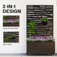 Outsunny Metal Planter Box with Trellis, Raised Garden Bed with Twigs Slatted Cut-Out Privacy Screen and Wheels(m-4)
