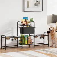 PawHut 3 Height Adjustable Dog Bowl Stand with 2 Feeding Stations, Toy Bin Basket, Black(m-2)