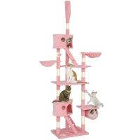 PawHut 94"-102" Floor to Ceiling Cat Tree High Cat Condo Scratching Post Activity Center Multi-Level Play House Pink(m-11)