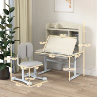 Qaba Kids Study Desk and Chair Set with Adjustable Height, Tiltable Desktop, Hutch and Drawer for Ages 3-12, Gray(m-3)