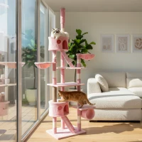 PawHut 94"-102" Floor to Ceiling Cat Tree High Cat Condo Scratching Post Activity Center Multi-Level Play House Pink(m-8)