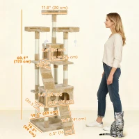 PawHut 68-inch Multi-Level Cat Scratching Tree Kitty Activity Center Post Tower Condo Pet Furniture w/ Toy Light Brown(m-3)