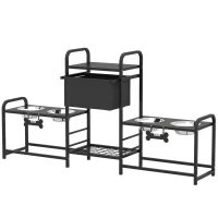 PawHut 3 Height Adjustable Dog Bowl Stand with 2 Feeding Stations, Toy Bin Basket, Black(m-1)