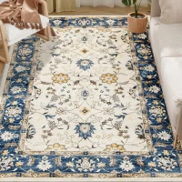 HOMCOM Machine Washable Area Rug 5x7, Non-Slip Boho Floral Print Floor Carpet for Living Room, Bedroom, Dining Room, Blue(m-11)