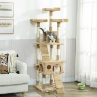 PawHut 68-inch Multi-Level Cat Scratching Tree Kitty Activity Center Post Tower Condo Pet Furniture w/ Toy Light Brown(m-1)