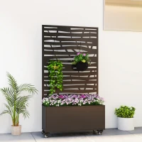 Outsunny Metal Planter Box with Trellis, Raised Garden Bed with Twigs Slatted Cut-Out Privacy Screen and Wheels(m-1)