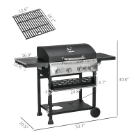 Outsunny 4 Burner Propane Gas Grill with Side Burner, 40,000 BTU Outdoor Barbeque with Shelves, Thermometer, Bottle Opener, Black(m-3)